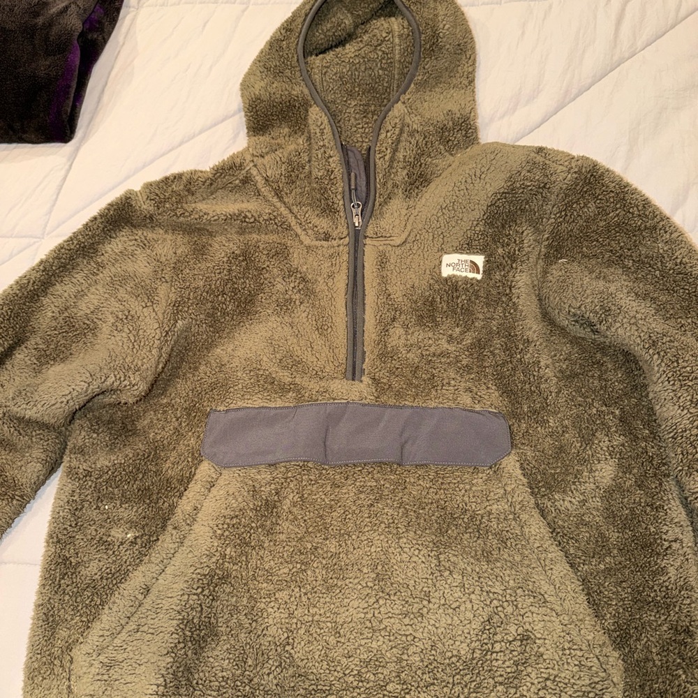 The North Face Olive Green Sherpa Fleece Hoodie with Gray Trim